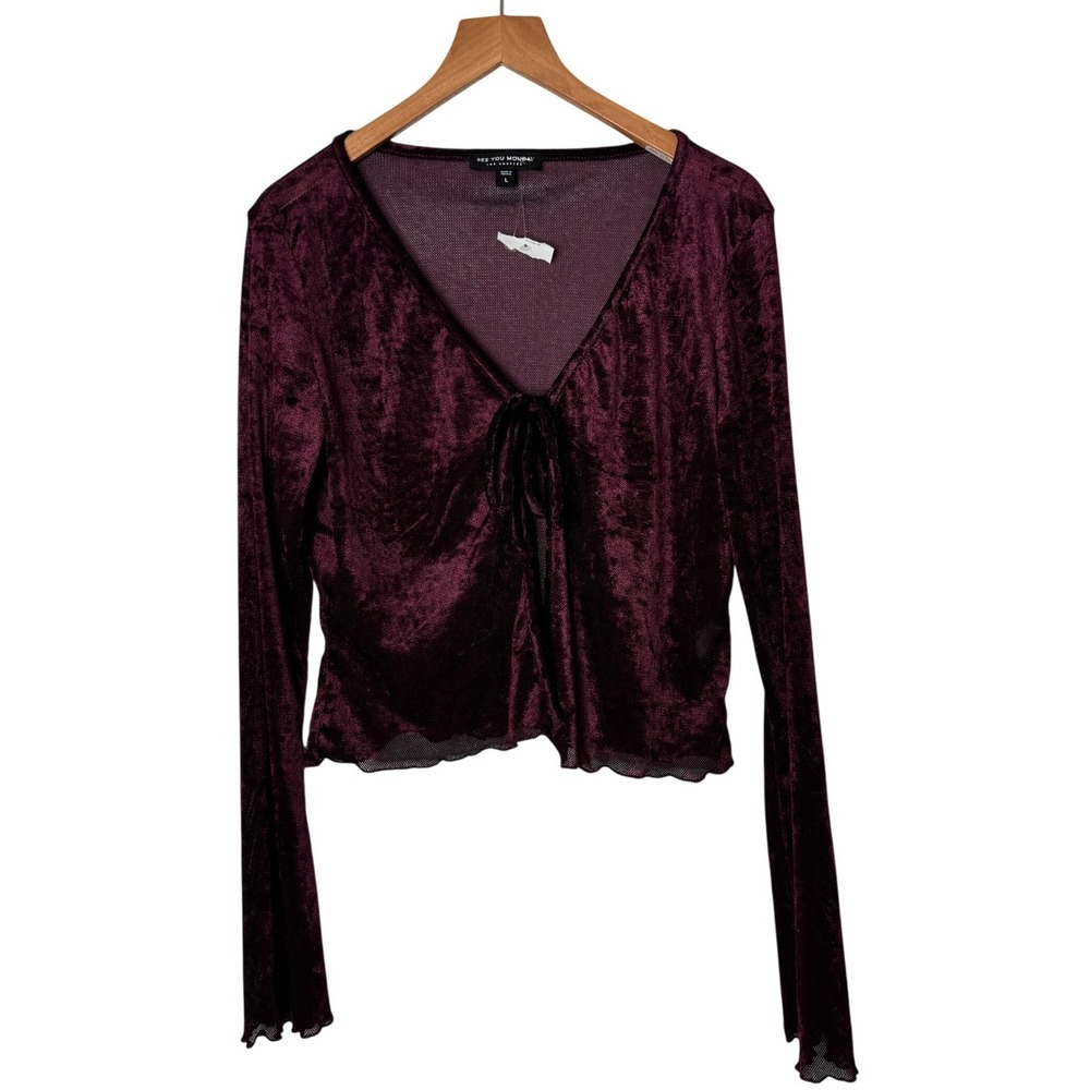 See You Monday Whimsygoth Burgundy Velvet Tie Front Bell Sleeve Top Large NEW